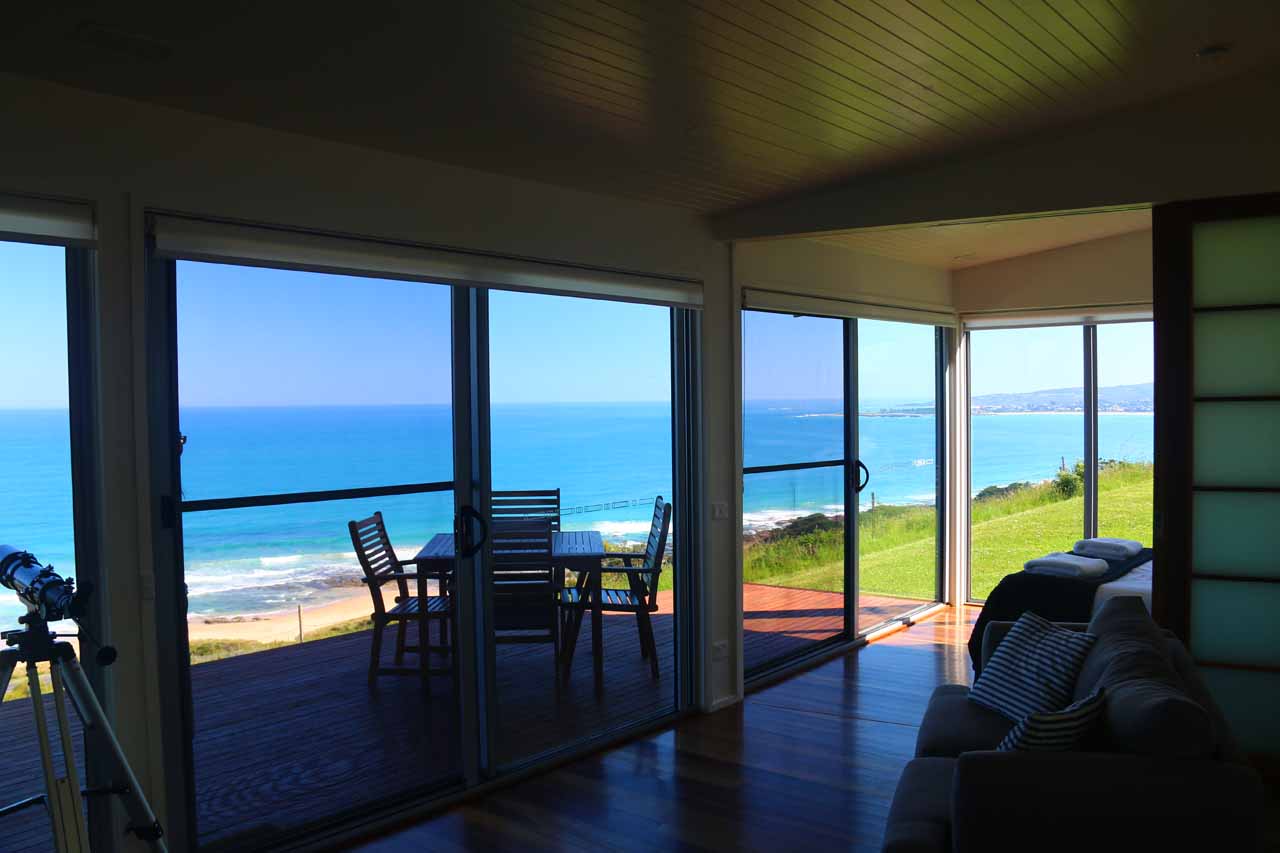 Sweeping views right from our room at the Seafarers Getaway near Apollo Bay, Victoria, Australia. It's overdelivery of amenities and views made it stand out as one of our most unforgettable stays
