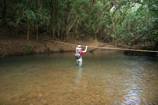 My wife hiking across the river in KEENs, which is an example of how wearing water shoes allowed us to not care about water depth, especially on jungle hikes