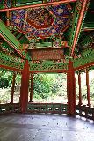 Seoul_620_06102023 - Looking up towards the ornate ceiling of a pavilion by the Gwanramsi Pond in the Secret Garden