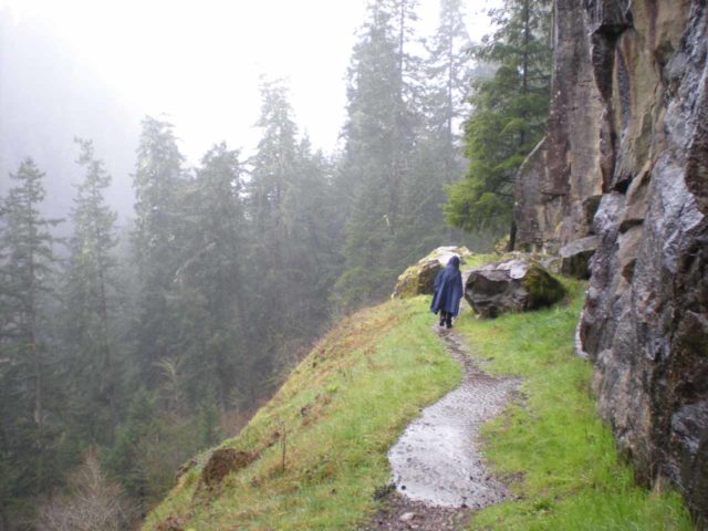 Silver_Falls_upper_trail_004_jx_04022009 - Julie going up the slippery Upper Trail to the top of the Golden Falls during a rain storm