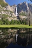 Swinging_Bridge_17_015_06162017 - Focused view of Yosemite Falls reflected in a calm part of the Merced River as seen from the Swinging Bridge