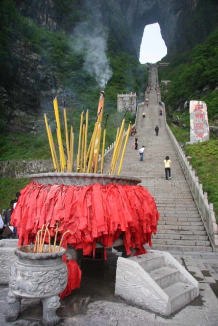 Tianmen_157_05082009 - Incense sticks burning before the 999 steps leading up to the Heaven's Gate (Tianmen)