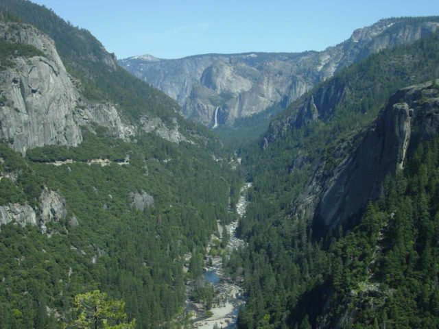 Upper_Cascades_015_04232004 - Looking upstream along the Merced River from the Big Oak Flat Road towards Bridal Veil Fall way in the distance
