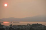 Vancouver_303_08012017 - Broad view of the smoke-filled sky and setting sun as seen from our room at the Holiday Inn Vancouver-Broadway