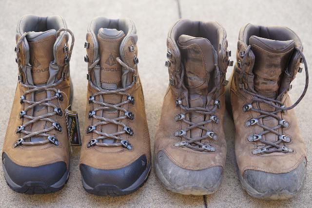 Comparison of a new Vasque St Elias GTX Hiking Boot and an old Vasque St Elias GTX Hiking Boot so you can see how it ages with use