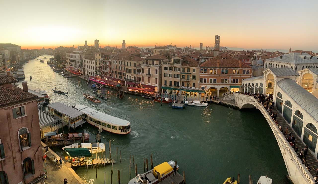 View of the Grand Canal and the Rialto Bridge from our room atop the Hotel Rialto in Venice, Italy. Such an unmatched view alone made this one of our most unforgettable stays