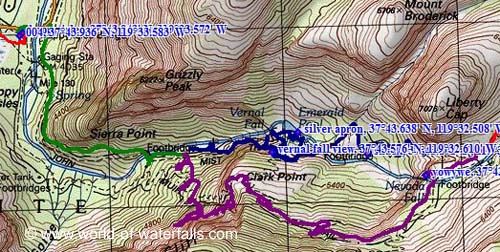 Vernal_Nevada_Trail.jpg - Vernal Fall Nevada Fall Loop - Green (paved part of John Muir Trail), Blue (Mist Trail), Purple (John Muir Trail)
