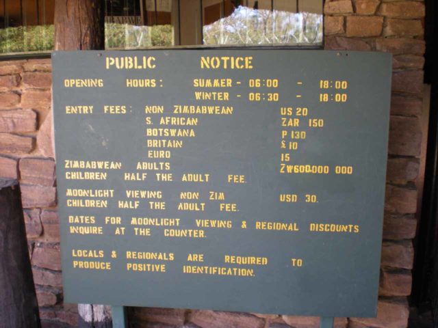 Victoria_Falls_083_jx_05262008 - Hyperinflation due to political instability in Zimbabwe as reflected in this entrance sign on the Zimbabwe side of Victoria Falls