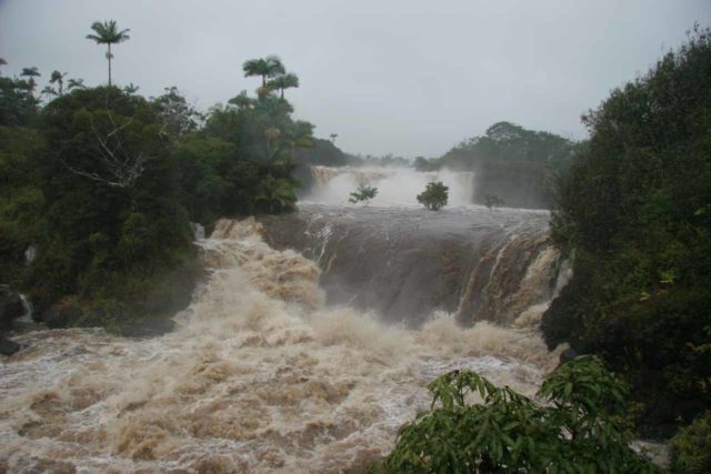 Wai'ale Falls looking menacing during a Global Warming-amplified torrential rain storm in the Wet Season about a year after our first visit to this falls
