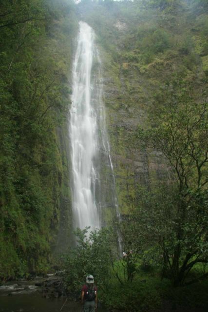 Waimoku_Falls_007_02232007 - Julie vérifiant les chutes de Waimoku en plein débit lors de notre visite en 2007