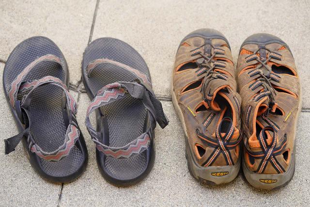 The Chacos (left) and KEENs (right) are my primary shoes to get through hikes with deep water crossings