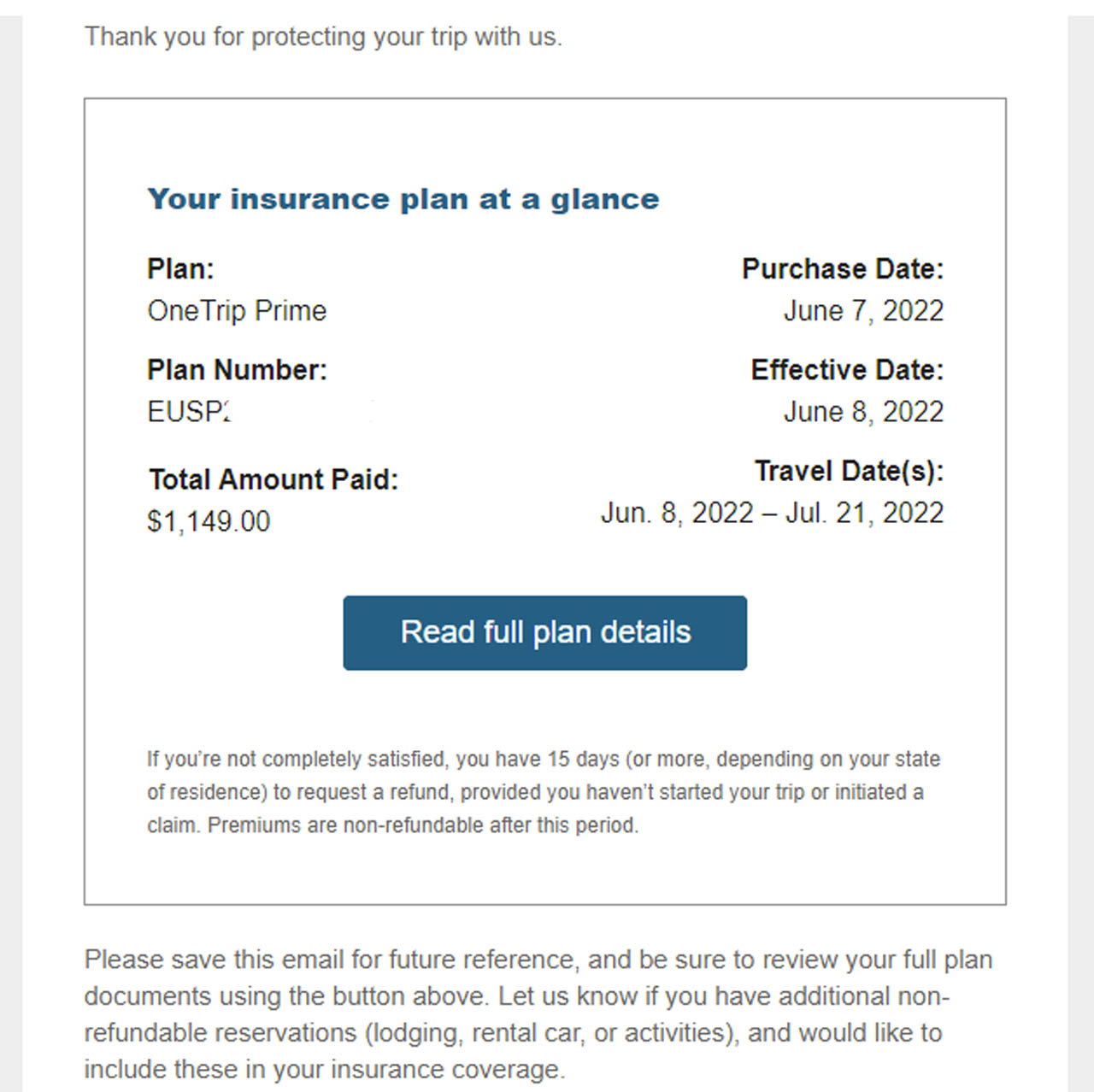 Confirmation email concerning the purchase of our travel insurance policy