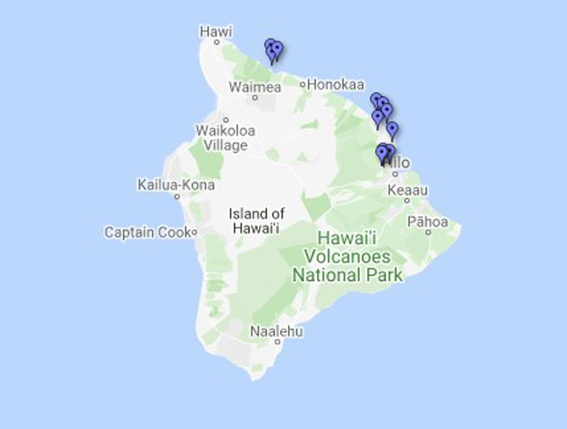 Map of the islands encompassing Maui County and the location of their waterfalls