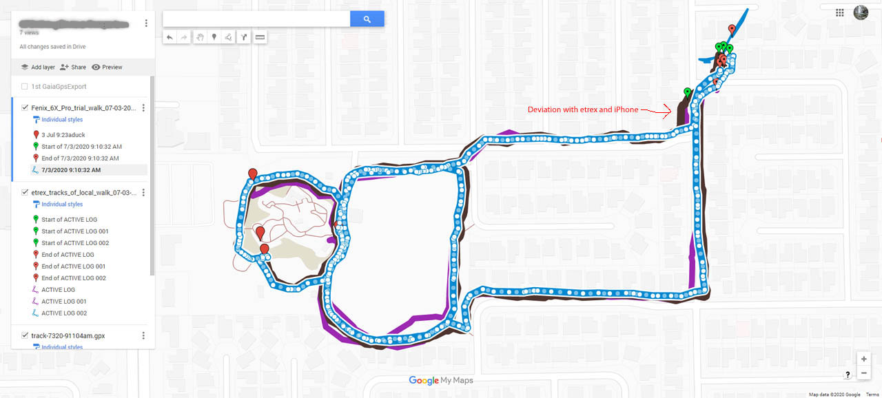 Garmin Fenix 6X Pro tracks and waypoints exported to my computer via BaseCamp, then imported into GoogleMaps, where you can see that the watch GPS was more accurate than both the iPhone and the Garmin etrex Venture HC handheld
