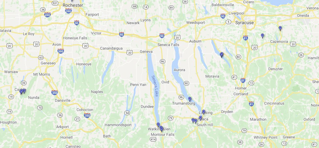 Map of the Finger Lakes Region and the location of its waterfalls