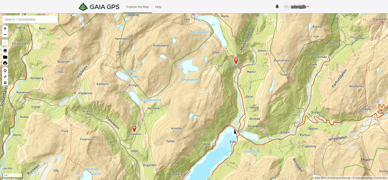 Gaia GPS using the Topografisk Norgeskart premium layer showing both the Drivandefossen waypoint and the Krekafossen waypoint (the correct one for Drivandefossen)