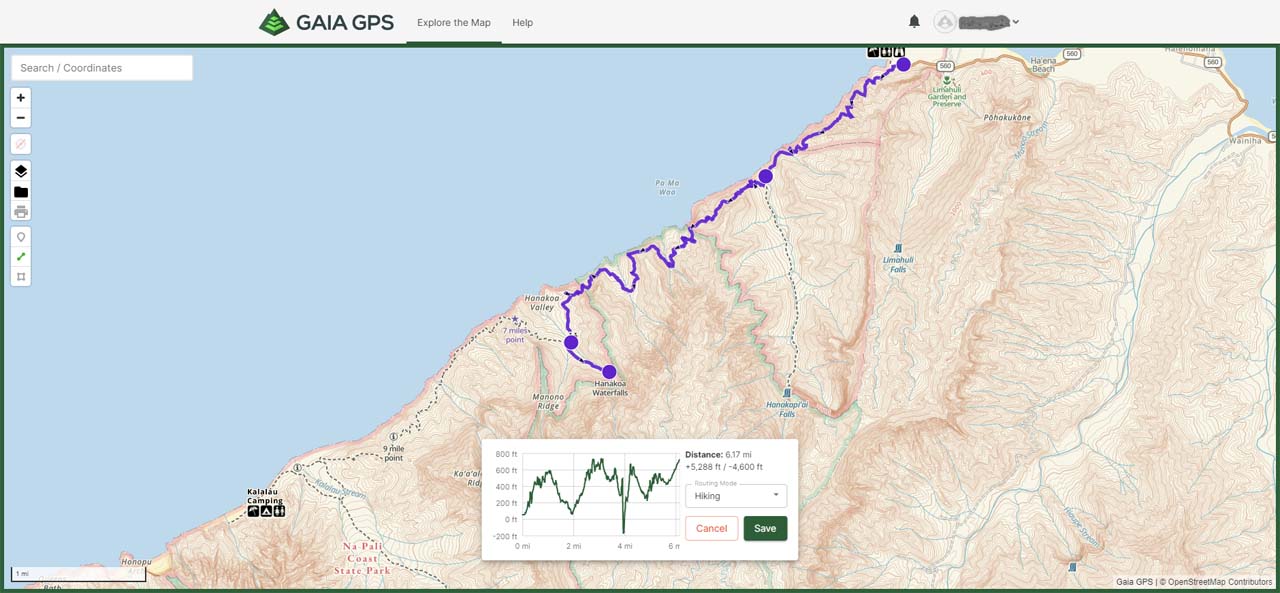The hiking route for Hanakoa Falls superposed onto the base layer of Gaia GPS. Note the elevation profile, which I could have used to anticipate upcoming uphill sections and pace myself