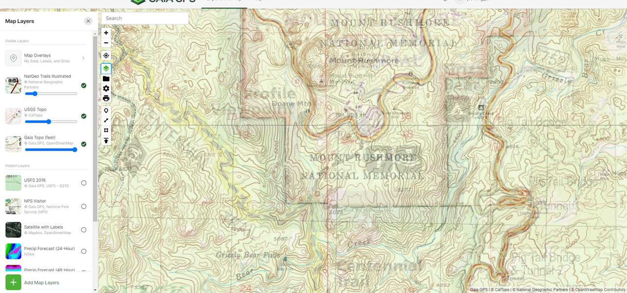 This was the map detail from the same location on Gaia GPS, which had multiple map layers, including premium layers with more detail than the base Gaia Topo layer, which itself was already at least as good or better than the TopoActive Americas, North layer that comes with Garmin Fenix 6X Pro watches