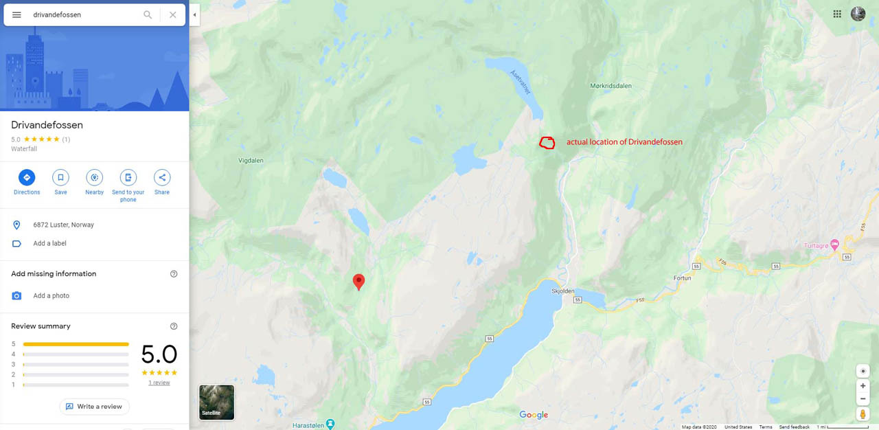 GoogleMaps showing the incorrect location of Drivandefossen, which is north of Skjolden not west of it