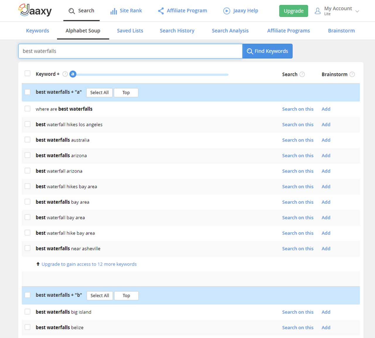 Screen capture of the Jaaxy keyword research tool, which comes with Wealthy Affiliate