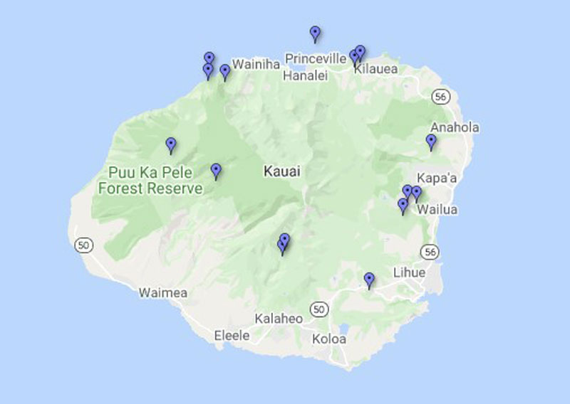 Map of the Island of Kauai and the location of its waterfalls
