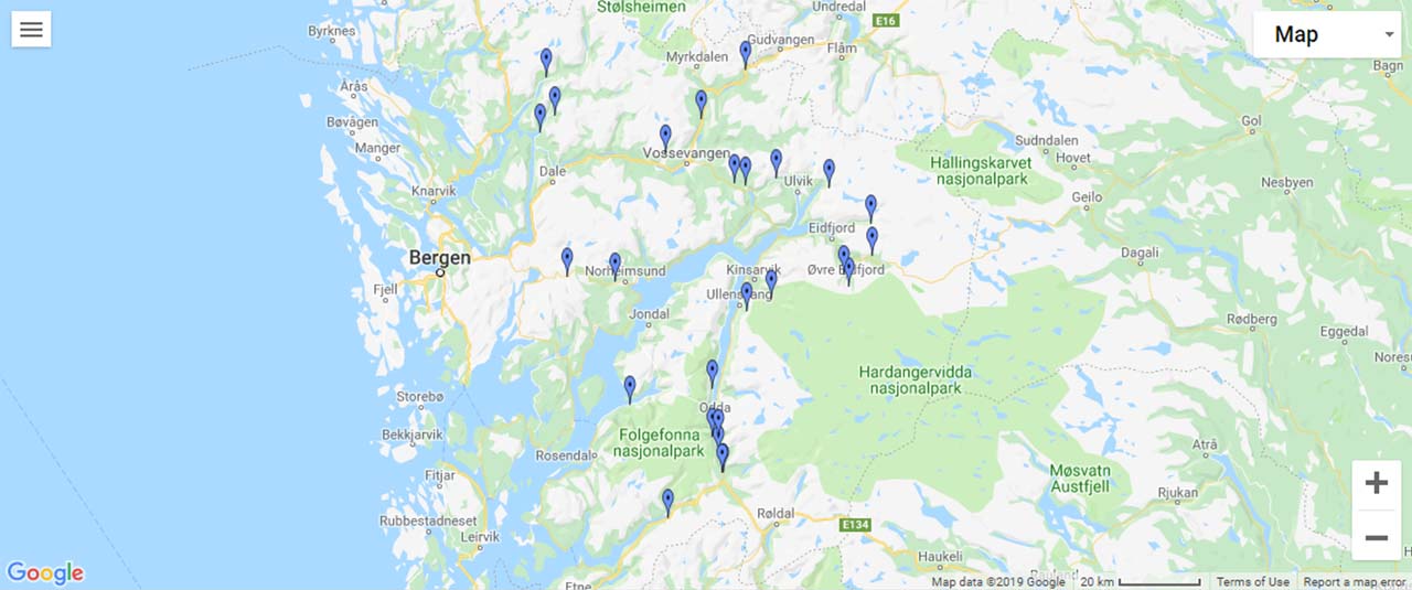 Norway Hordaland Waterfalls Map