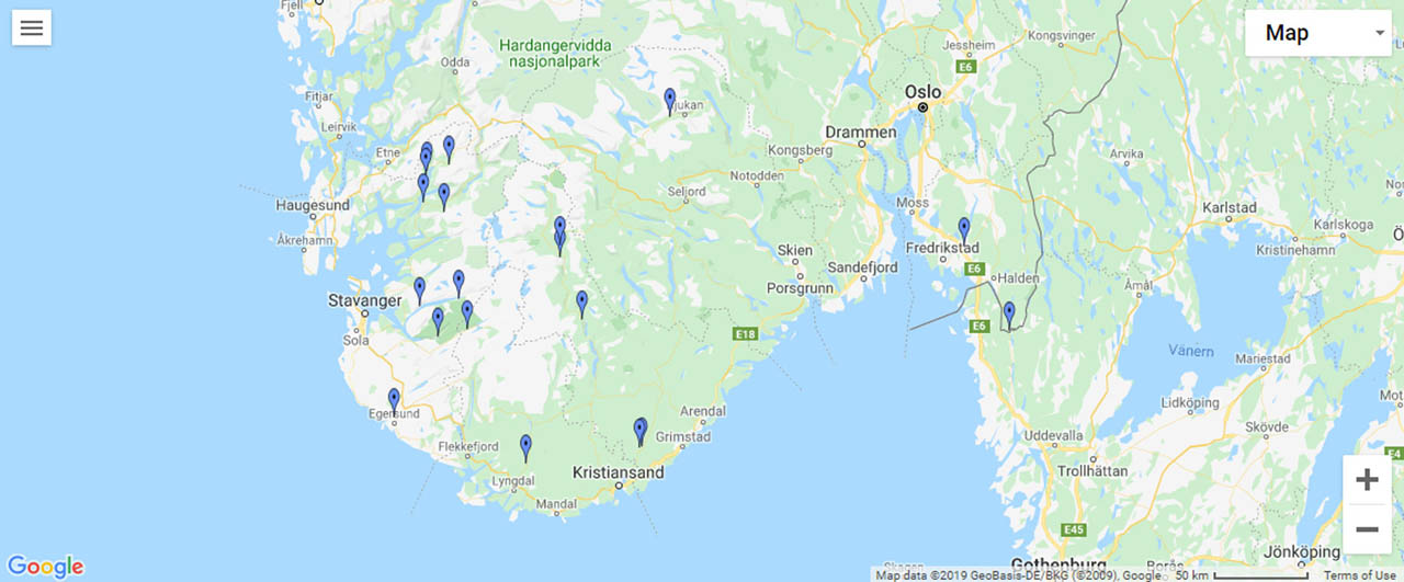 Southern Norway Waterfalls Map