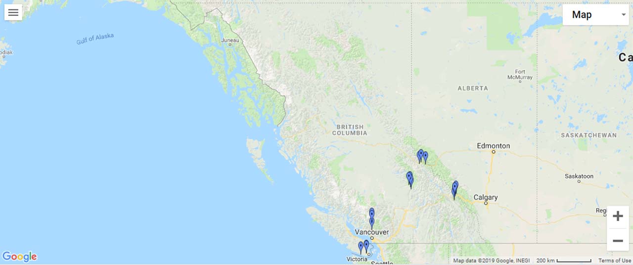 Waterfalls Map of British Columbia, Canada