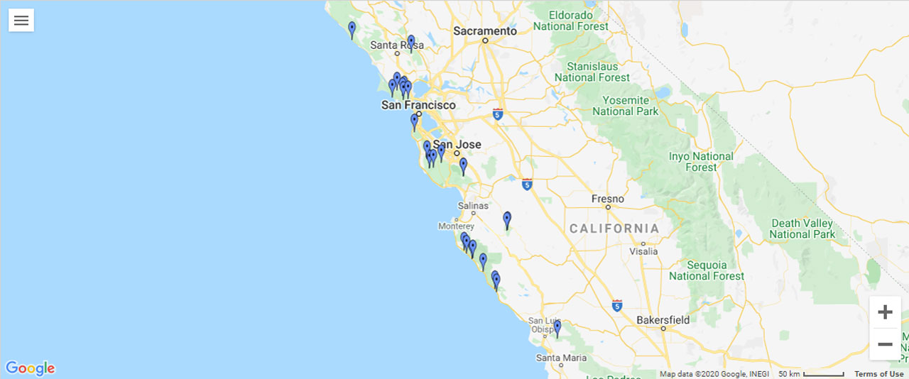 California Central Coast and Bay Area Waterfalls Map