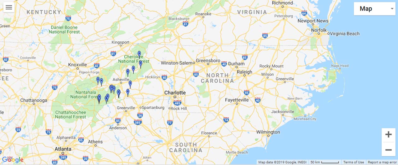 North Carolina Waterfalls Map