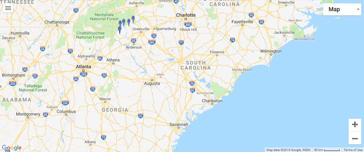 South Carolina Waterfalls Map