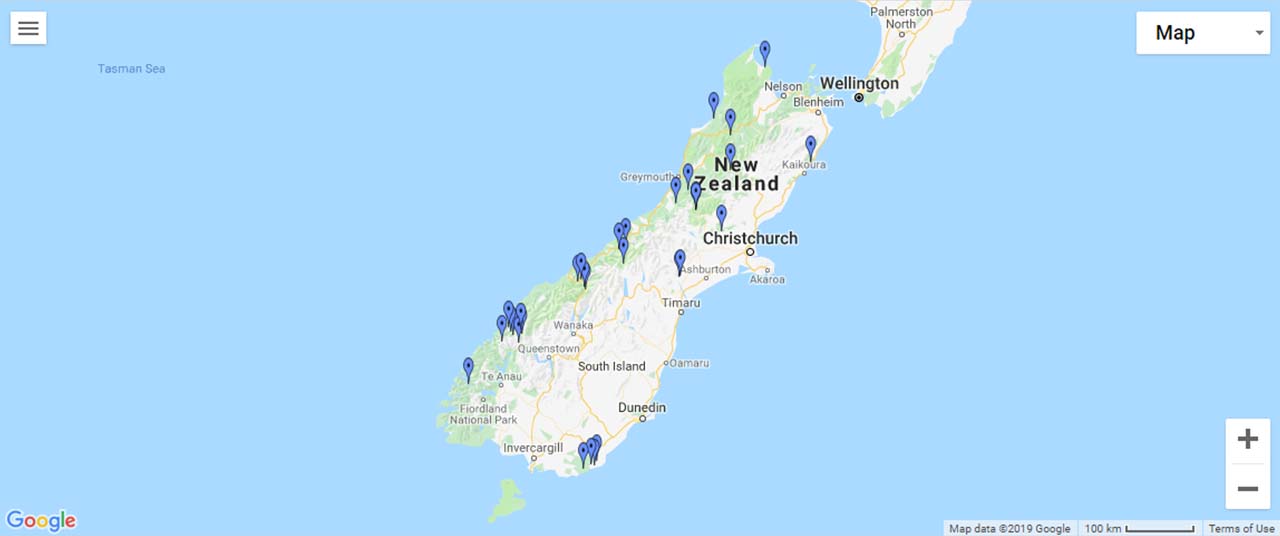 New Zealand South Island Waterfalls Map