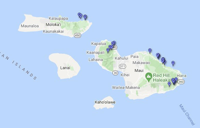 Map of the islands encompassing Maui County and the location of their waterfalls