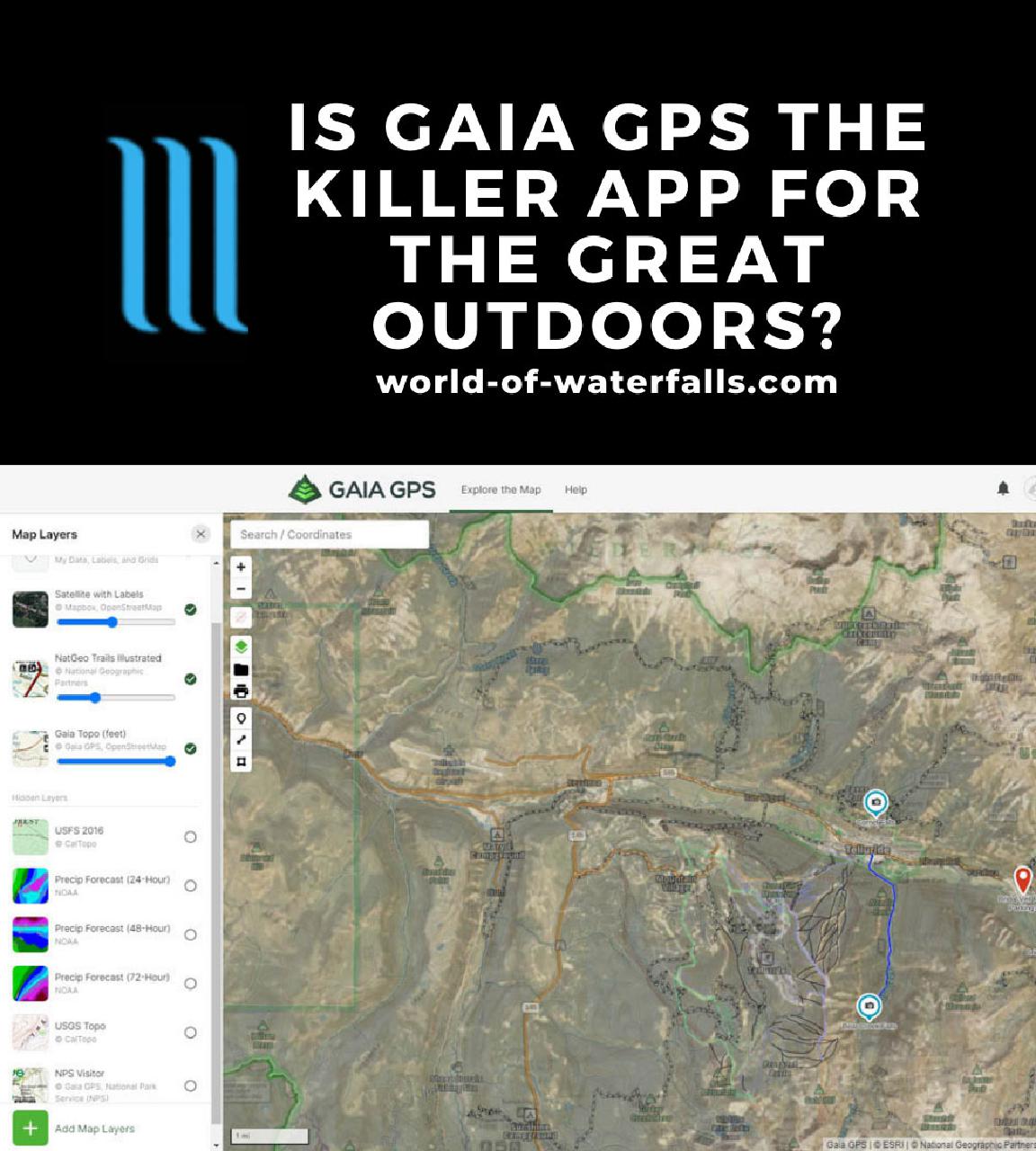 Gaia GPS viewed on the gaiagps.com website for trip planning purposes with premium layers on top of the base layer