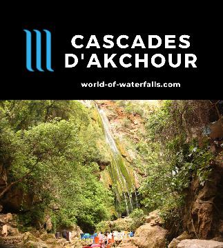 Cascades d'Akchour (Akchour Falls) consists of a 20m lower waterfall and a 100m upper waterfall reachable by a 5-hour return hike near Chefchaouen, Morocco.