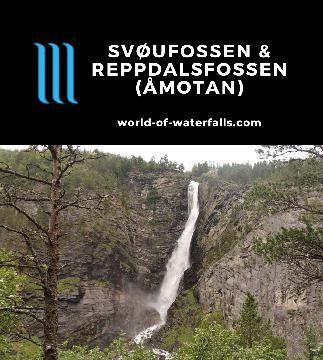 Svoufossen (Svøufossen or Svøufallet) is a 156m freefalling waterfall while Reppdalsfossen is a 215m cascade. Both waterfalls are promiment Åmotan features.