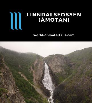 Linndalsfossen (also Lindalsfallet, Linndalsfallet, or Lindalsfossen) is a hidden 140m waterfall requiring a 3km uphill hike to the canyon's edge in Åmotan.