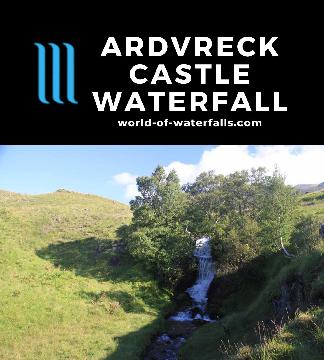 The 'Ardvreck Castle Waterfall' is an obscure 20-30ft waterfall emptying into Loch Assynt almost right by the historic castle ruins in Sutherland, Scotland.