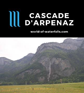 Cascade d'Arpenaz is a well-situated 270m plunging waterfall surrounded by the high peaks of the French Alps easily seen in an open valley near Mt Blanc, France