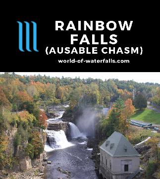 Rainbow Falls in Ausable Chasm is a regulated 91ft waterfall on Ausable River with a bonus Horseshoe Falls just downstream in Upstate New York's Adirondacks.