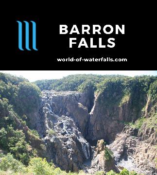 Barron Falls is a regulated 131m waterfall dropping from the Atherton Tablelands into the Barron Gorge near Cairns easily seen from the Kuranda Scenic Railway.