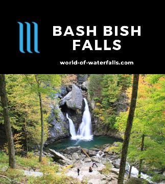 Bash Bish Falls (or Bashbish Falls) is an 80ft waterfall split by a rock at its brink near the Massachusetts-New York border and accessible from both states.