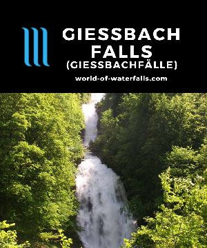 Giessbach Falls (Giessbachfälle) is a 500m waterfall behind a historic hotel spilling into Lake Brienz, Switzerland, accessed by boat and foot to get behind it.