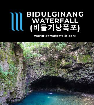 Bidulginang Falls (비둘기낭폭포; Bidulginang Pokpo) is unusual in that it flows besides as well as seeping through a basalt cave and into a colorful plunge pool.