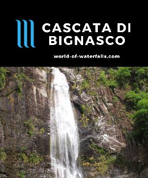 Cascata di Bignasco is a 40-60m waterfall with a short footpath with a picnic table and a nearby swimming pool near Maggia and Bavona in Ticino, Switzerland.