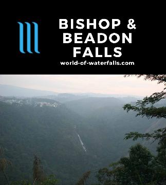 Bishop Falls and Beadon Falls are two impressively tall falls viewable from a lookout across its canyon within the city limits of Shillong in northeast India.