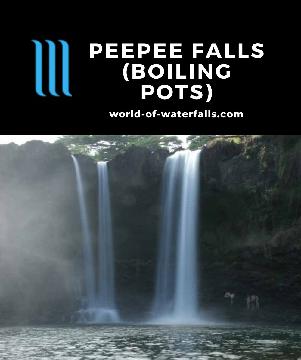 Peepee Falls (or Pe'epe'e Falls) is a 50-60ft waterfall upstream from the Boiling Pots in the Wailuku River State Park near downtown Hilo on the Big Island.