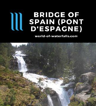 Pont d'Espagne (Bridge of Spain) really refers to a scenic area in the French Pyrenees encompassing Gaube Lake and the cascading waterfalls under a stone bridge