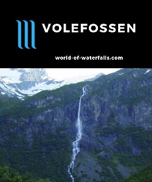 Volefossen is a prominent 355m waterfall at the head of Oldedalen, which is a valley featuring numerous other glacier-fed waterfalls in Vestland County, Norway.
