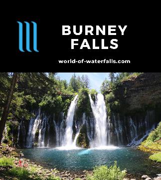 Burney Falls is a 132ft tall popular waterfall on the Burney Creek dropping both through and over lava cliffs into a Sapphire Blue Pool near Burney, California.